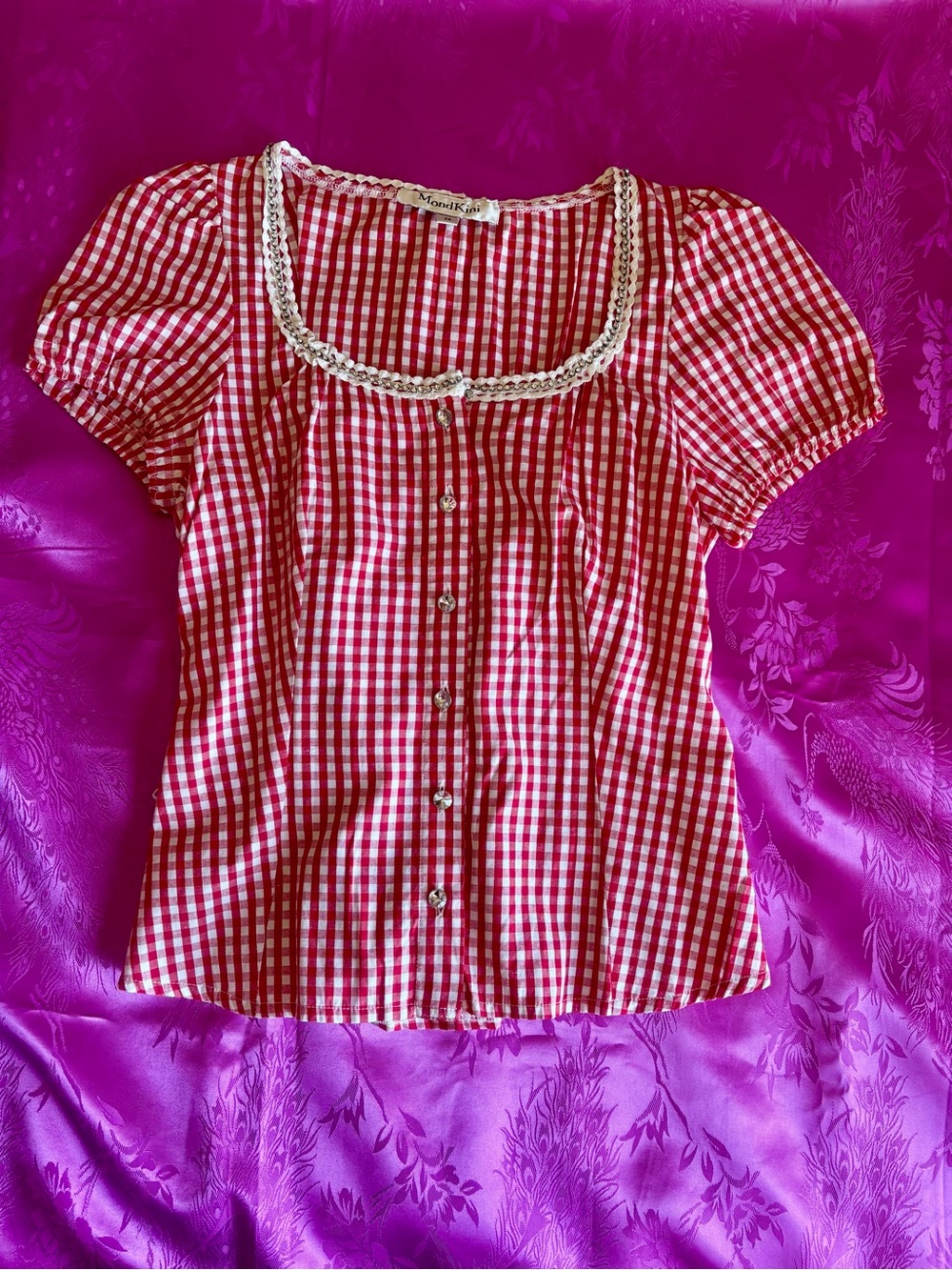 Mondkini Red Gingham Button-Front Scoop Neck Top